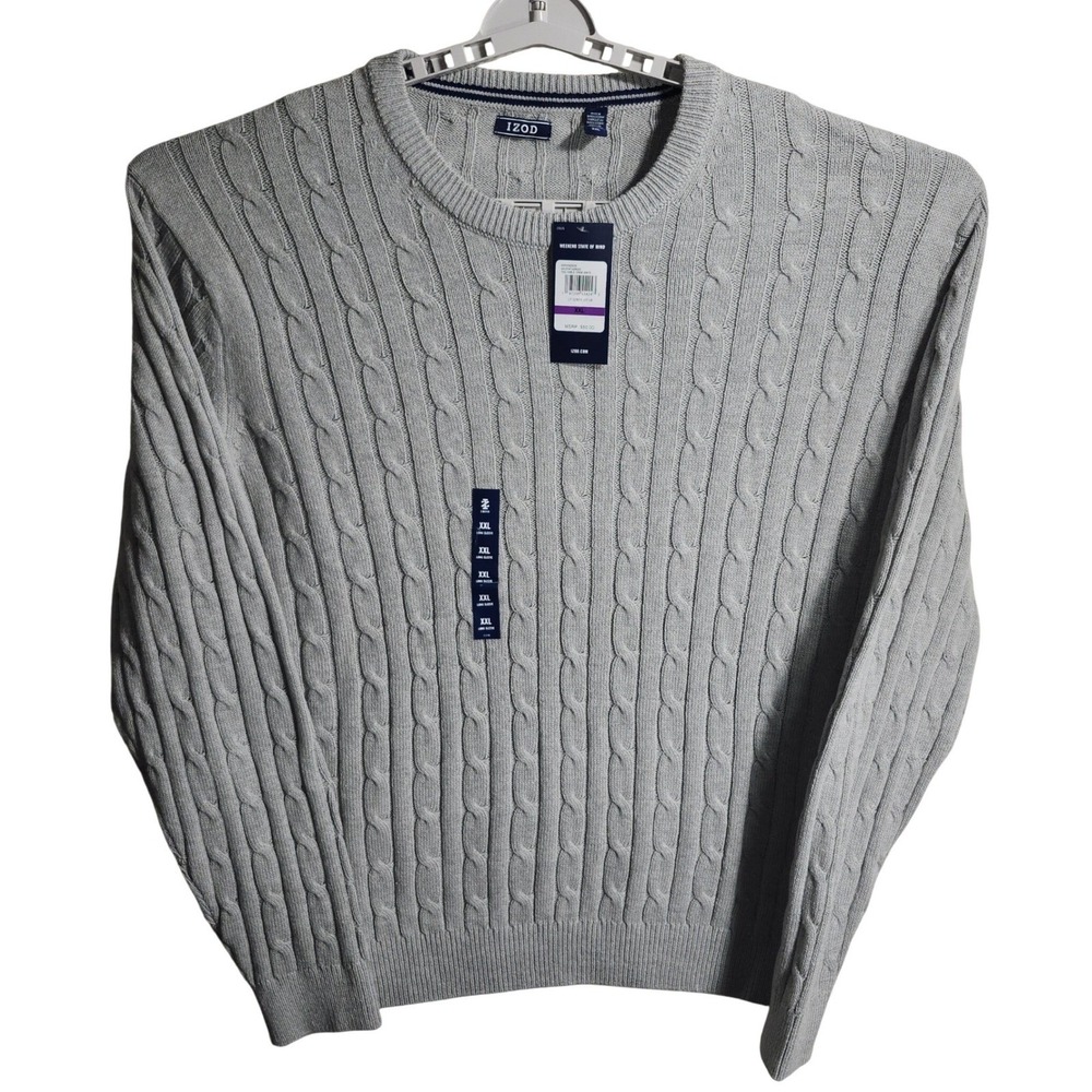 IZOD Mens XXL Grey Cable Knit Crew Neck‎ Long Sleeve Sweater Premium Essentials